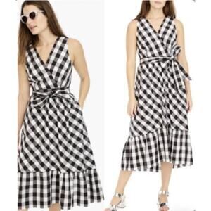 JCREW BLACK GINGHAM POPLIN RUFFLE MIDI DRESS SIZE 0 NWT 2039